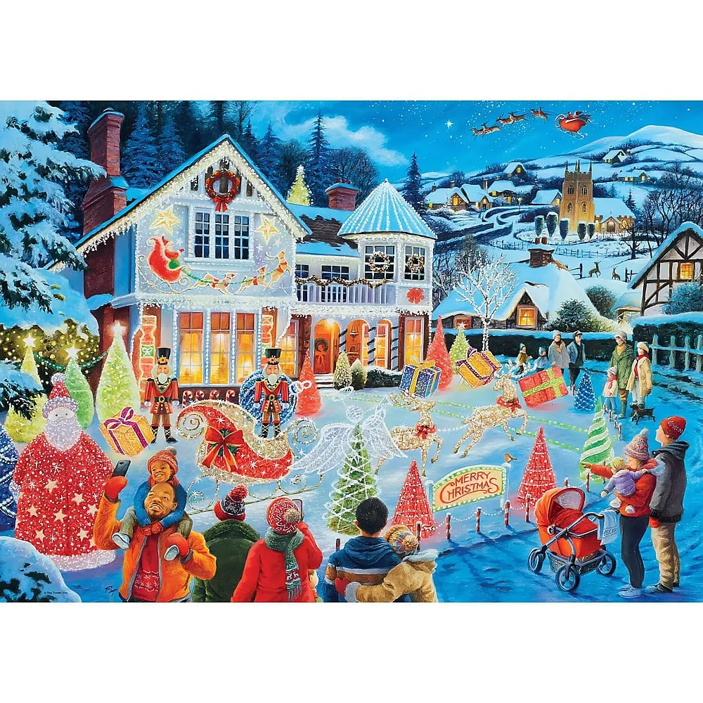 Festlich beleuchtetes Haus im Schnee mit Menschen, Weihnachtsmann-Schlitten und Rentieren bei Nacht.