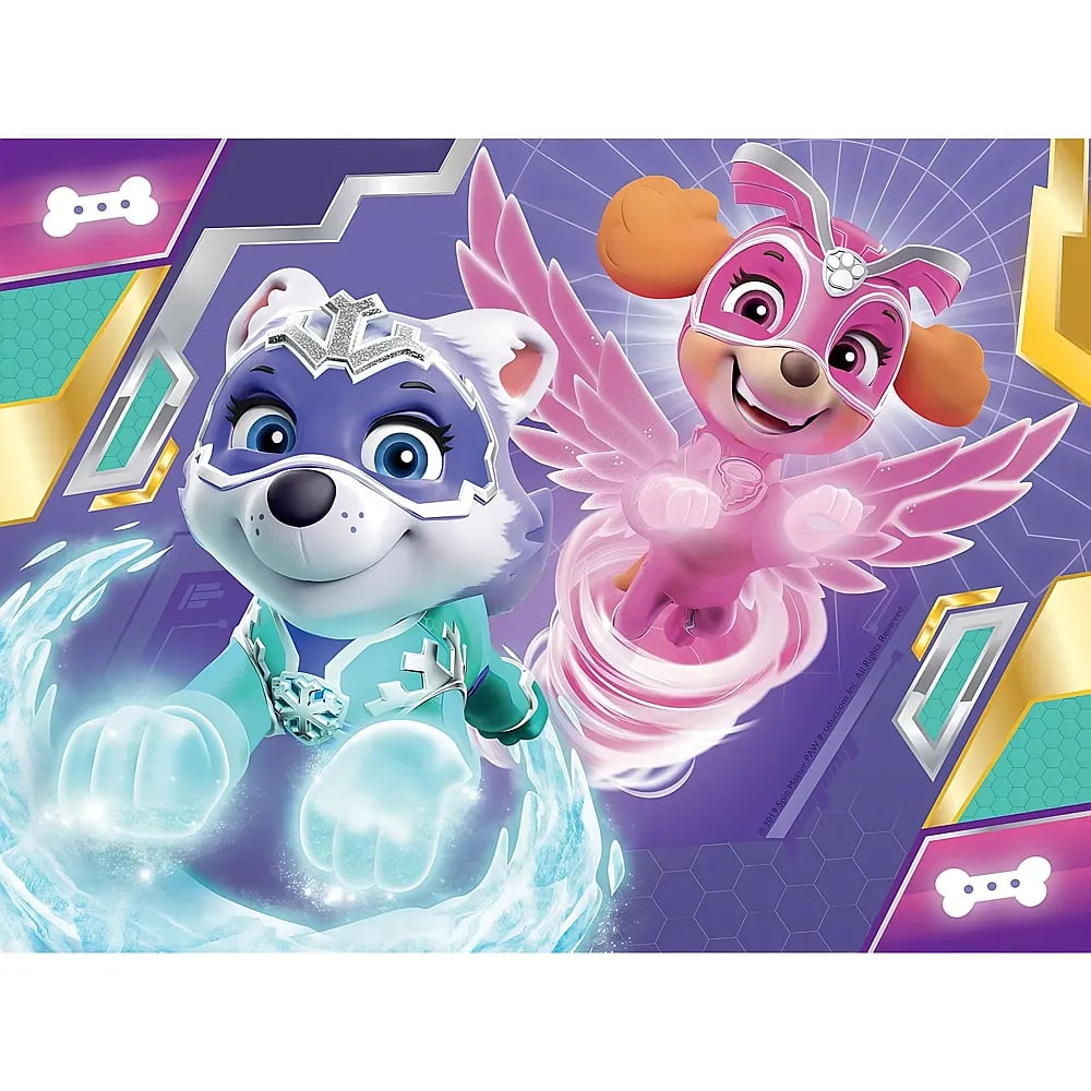 Zwei Cartoon-Hunde als Superhelden: Everest in Blau mit Eis und Skye in Pink mit Flügeln vor violettem Hintergrund.
