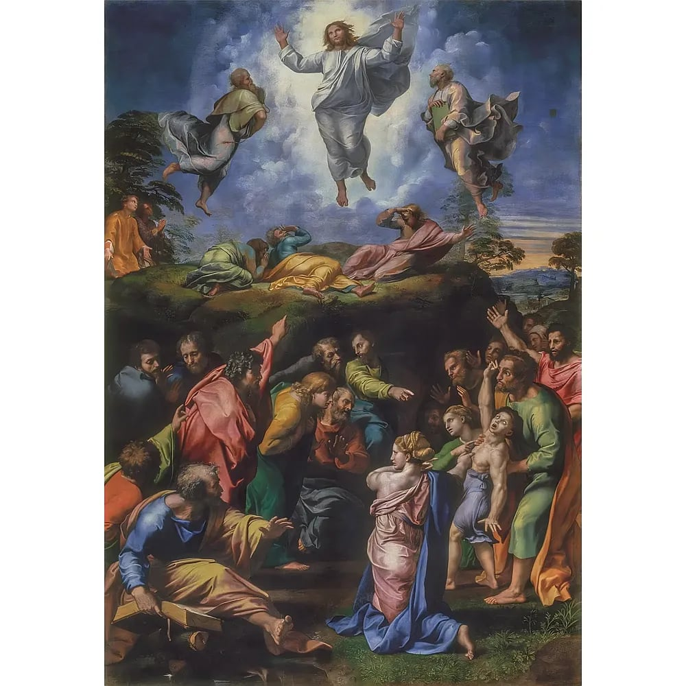 Painting of the Transfiguration of Christ, showing Jesus floating in bright light above astonished disciples.