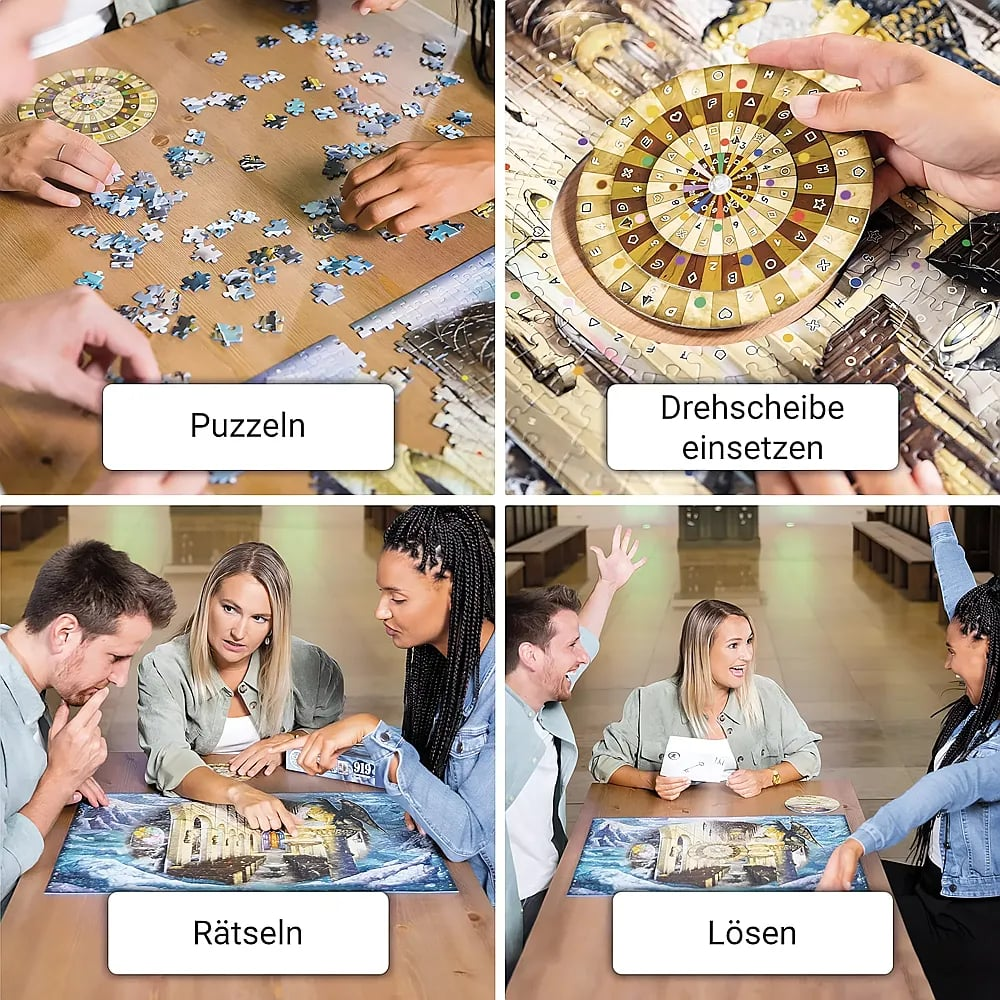 Vierteiliges Bild zeigt Personen beim Puzzeln, Einsetzen einer Drehscheibe, Rätseln und Lösen eines Spiels.