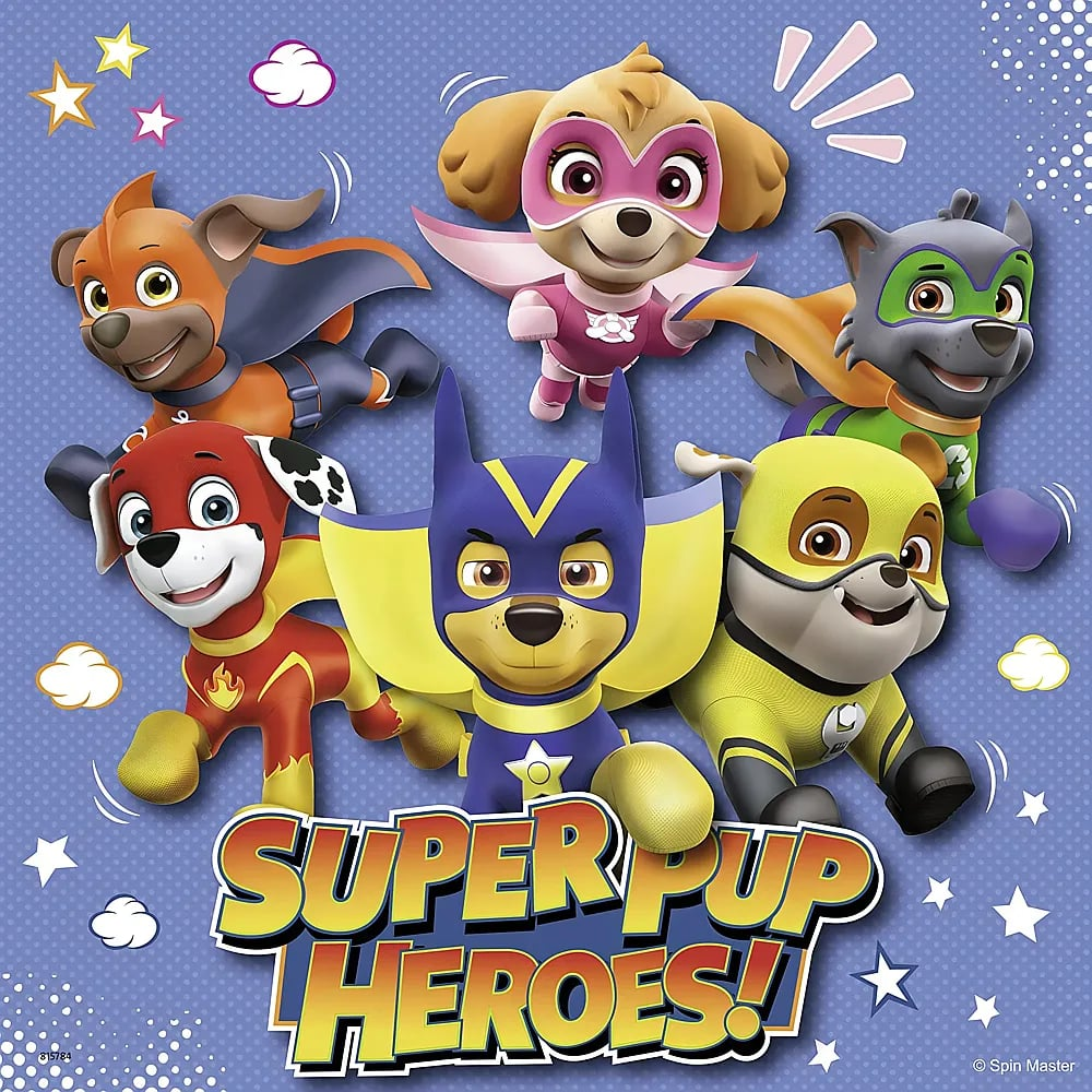 Sei cani supereroi dei cartoni animati volano sopra la scritta Super Pup Heroes su sfondo viola puntinato.