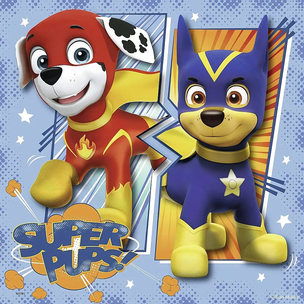 Due super cani in costume, uno rosso a sinistra e uno blu a destra, su sfondo blu con stelle.