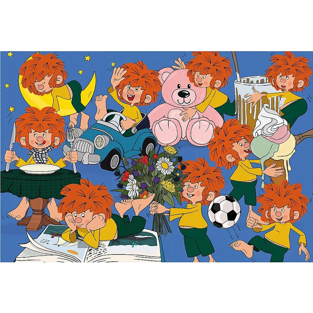 Illustration von rothaarigen Kobolden in verschiedenen Alltagssituationen wie Essen, Spielen und Autofahren.