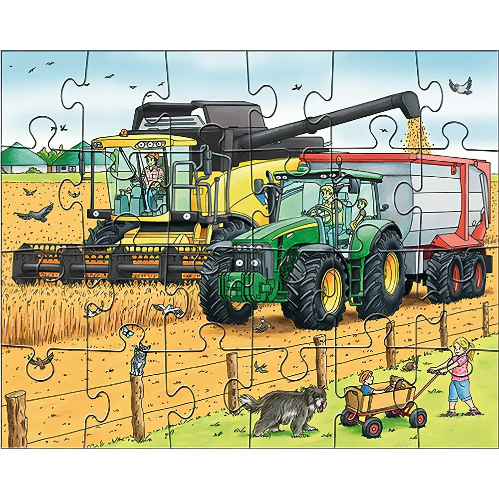 Ein Puzzlemotiv zeigt einen gelben Mähdrescher, der Getreide in einen roten Anhänger ablädt.