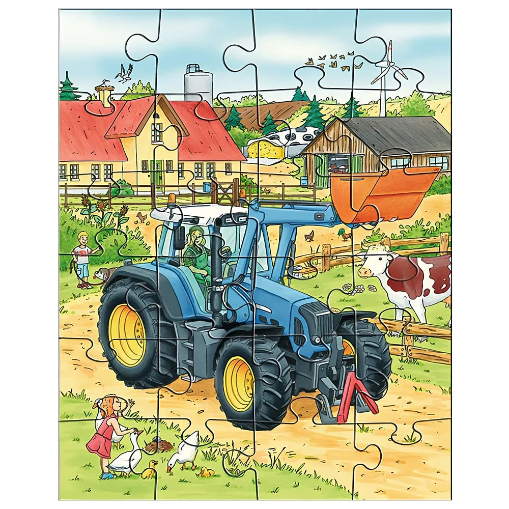 Kinderfreundliches Puzzle mit blauem Traktor auf einem Bauernhof, Tieren, Kindern und Gebäuden im Hintergrund.