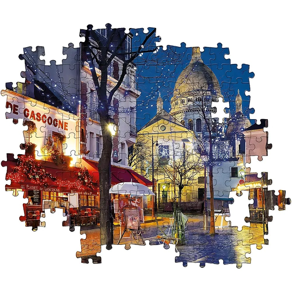 Legpuzzel van een Parijse straat in de schemering met verlichte restaurants en de Sacre-Coeur.