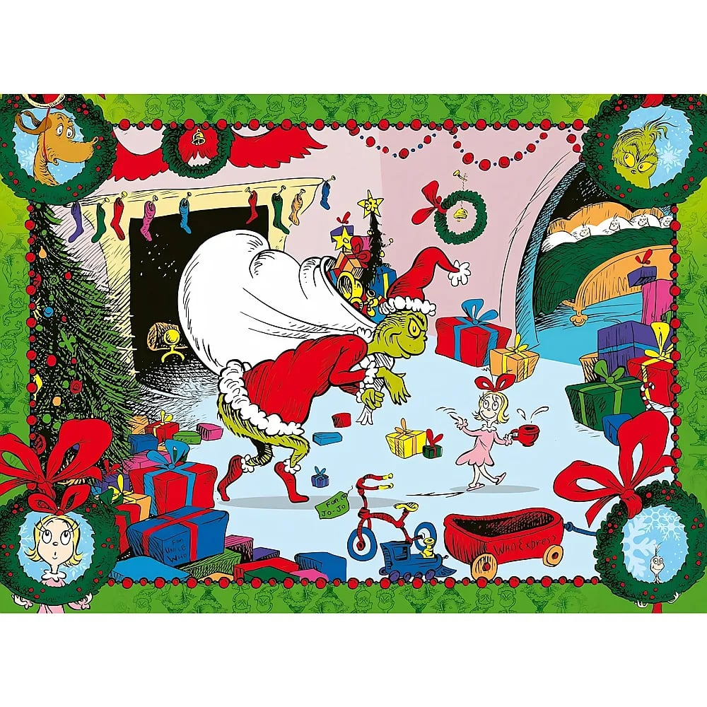 El Grinch con ropa navideña lleva un gran saco mientras una pequeña niña observa.