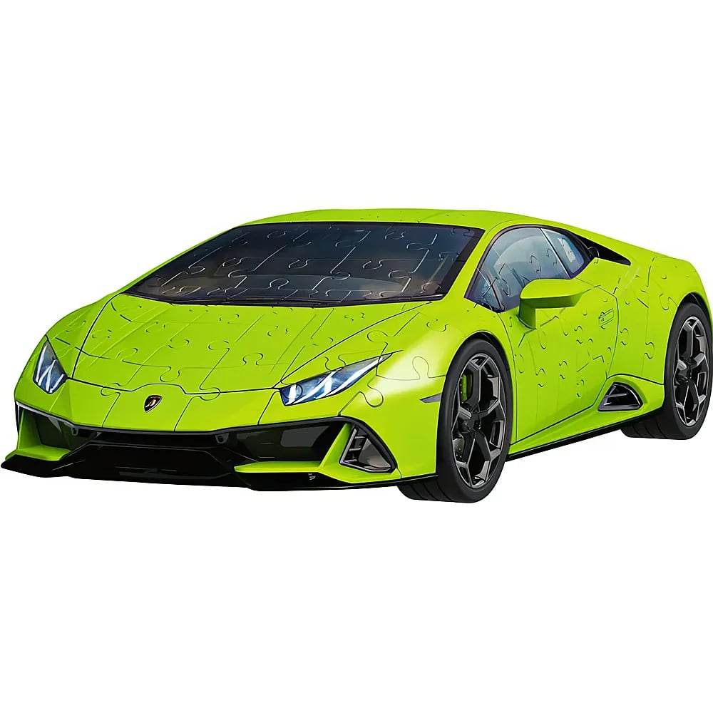 Un'auto puzzle Lamborghini verde lime su sfondo bianco.