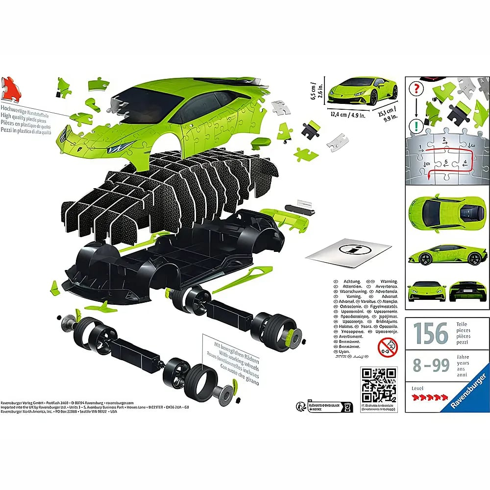 Schema per un puzzle 3D Lamborghini verde da 156 pezzi, che mostra telaio, carrozzeria e fasi di montaggio.