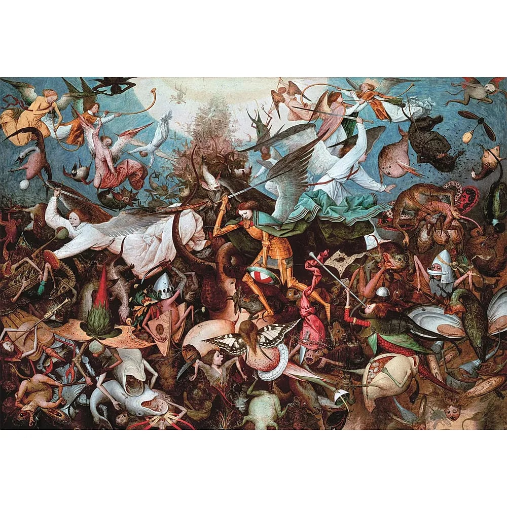 Painting of the Fall of the Rebel Angels with angels and monsters in chaos.