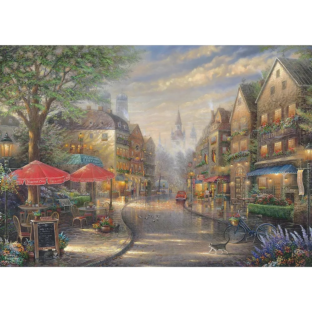 Peinture d'une vieille ville européenne au crépuscule avec un café, des vélos, un chat et des bâtiments historiques.