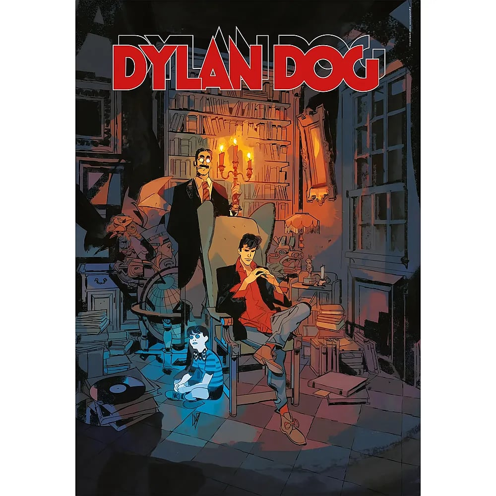 Portada de cómic con Dylan Dog en una habitación desordenada y tenuemente iluminada por velas.