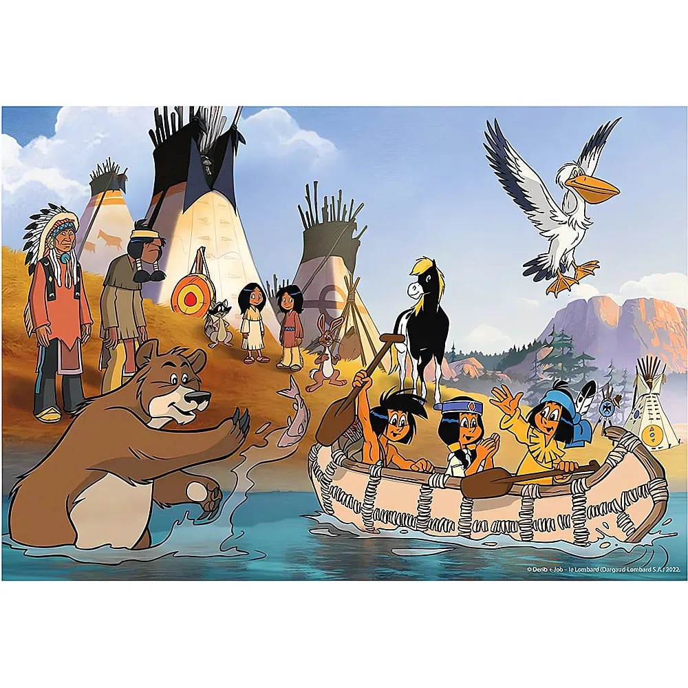 Ein Bär fängt einen Fisch vor einem Kanu mit Kindern, während im Hintergrund Tipis und Vögel zu sehen sind.