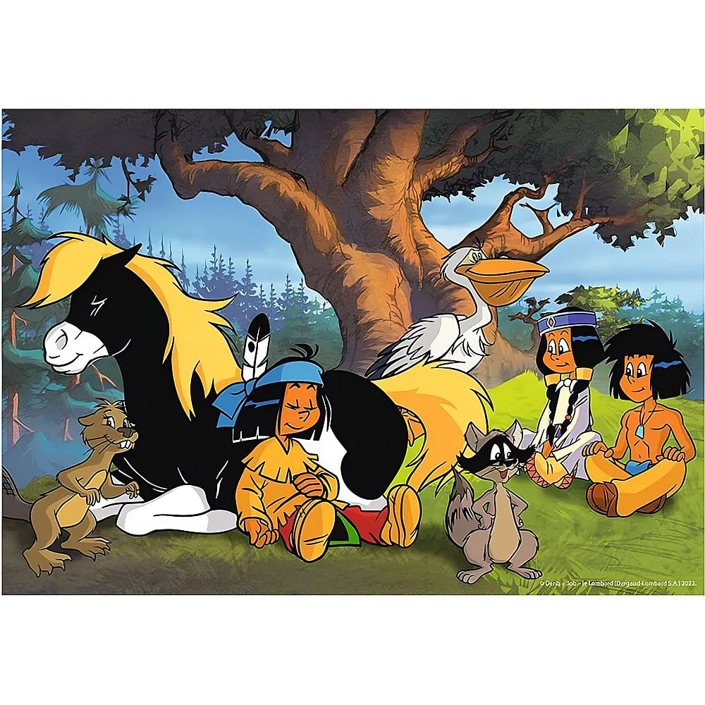 Karikatur von Kindern und Tieren im Wald unter einem Baum.