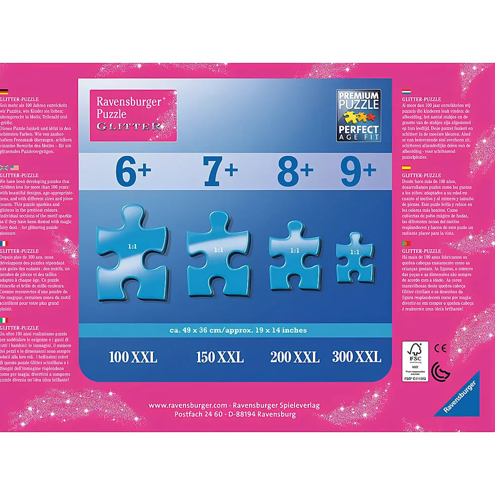 Ravensburger Glitter Puzzle Box mit Altersangaben 6+ bis 9+ und blauen Beispielpuzzleteilen.
