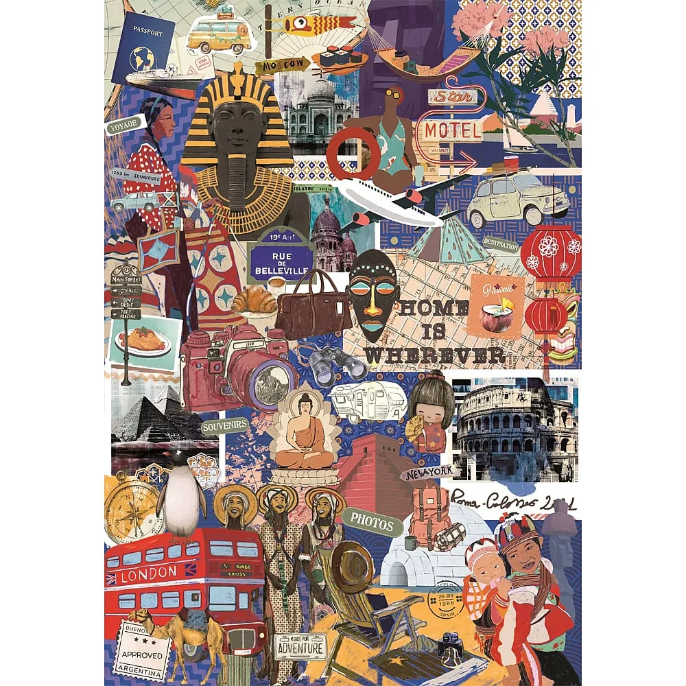 A travel collage featuring an Egyptian pharaoh, camera, red bus, landmarks, and various cultural elements.