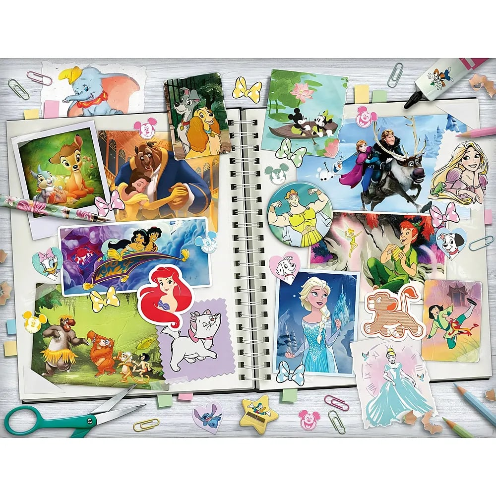 Collage von Disney-Figuren auf einer Notizbuchseite mit Schere und Stiften.