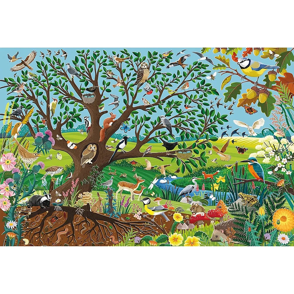 Detaillierte Naturszene mit einem großen Baum voller Vögel, Tieren auf der Wiese und Wurzeln mit Insekten.