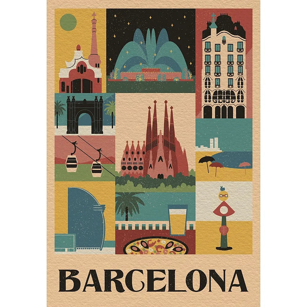 Collage von Barcelona-Wahrzeichen wie Sagrada Familia und Park Guell im Retro-Stil mit Text unten.