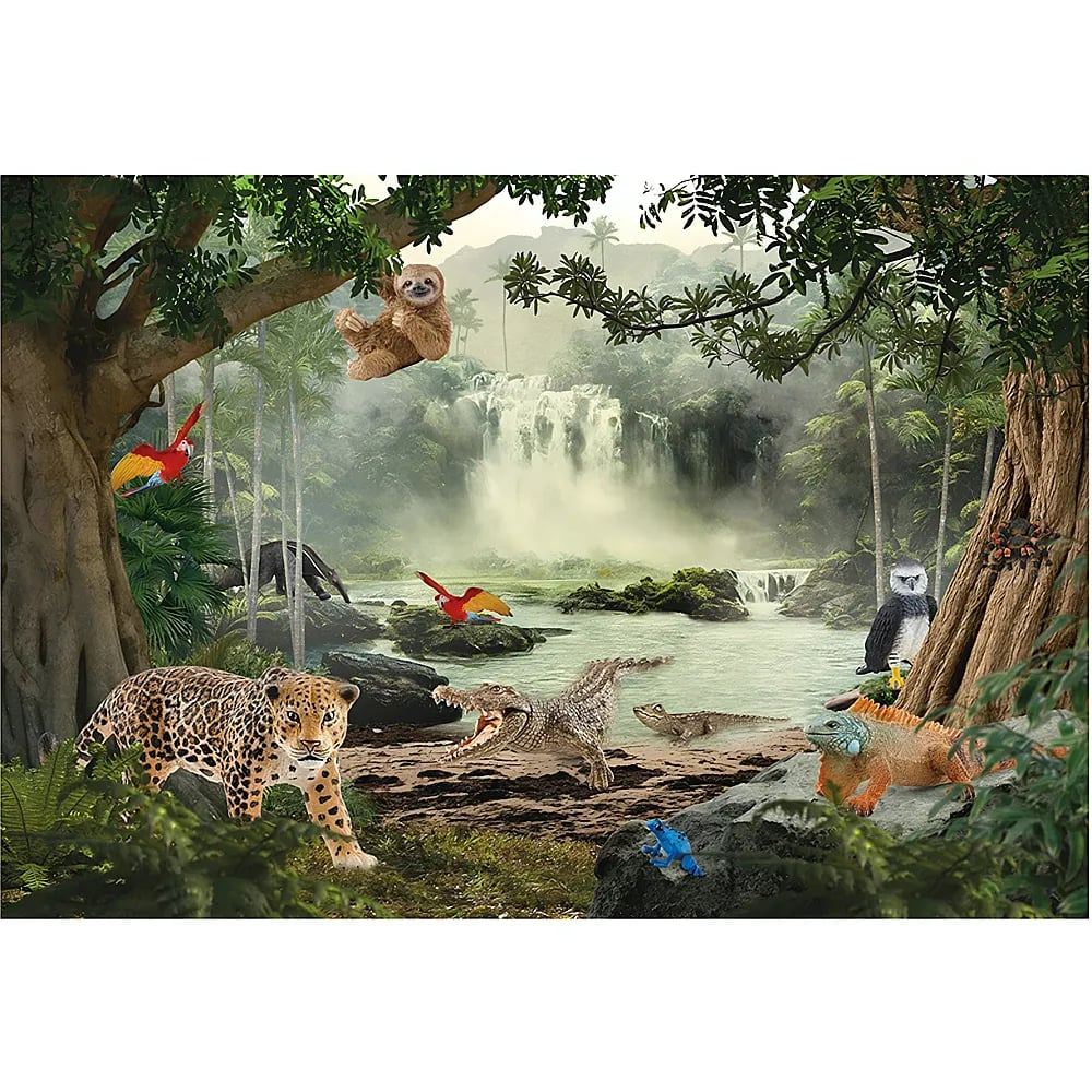 Tropischer Regenwald mit Wasserfall, Fluss, Jaguar, Krokodil, Faultier, Papageien und anderen Tieren.