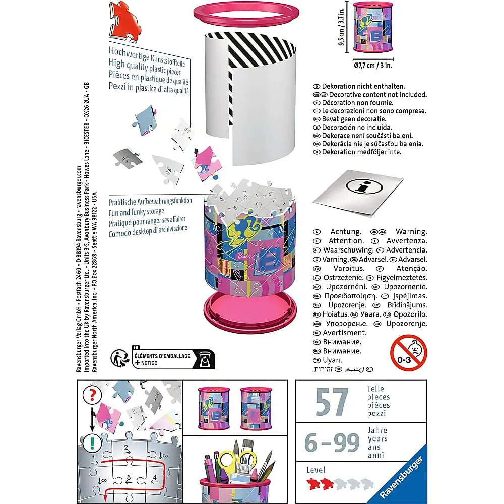 Anleitung für ein 57-teiliges Barbie-Puzzle in Form eines Stiftehalters.