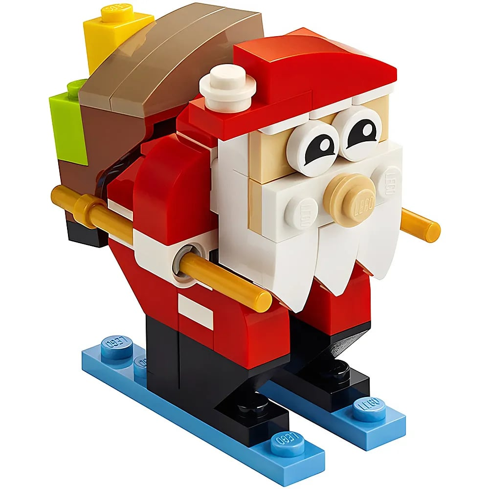 Una figura Lego di Babbo Natale che scia con uno zaino marrone.
