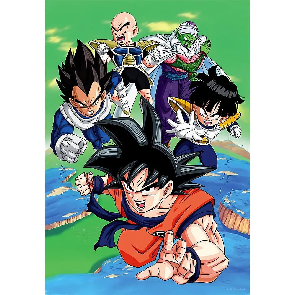 Dragon Ball Z Charaktere fliegen entschlossen über einer blauen und grünen Welt.
