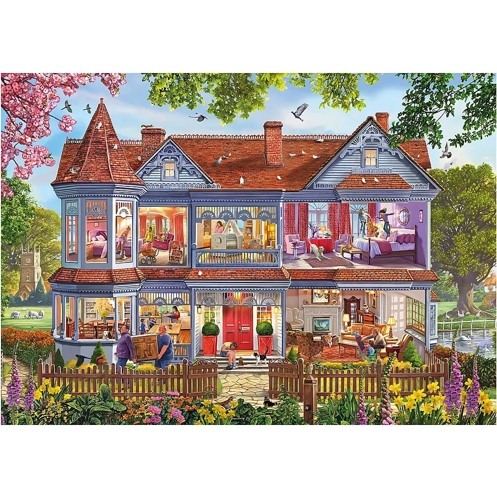 Ein großes, blaues Puppenhaus zeigt verschiedene Zimmer mit Menschen und Haustieren im Garten.