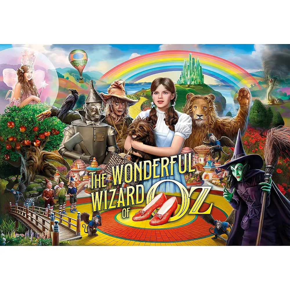 Dorothy, Toto, Spaventapasseri, Uomo di Latta, Leone Codardo e altri da Il Mago di Oz in un paesaggio colorato.