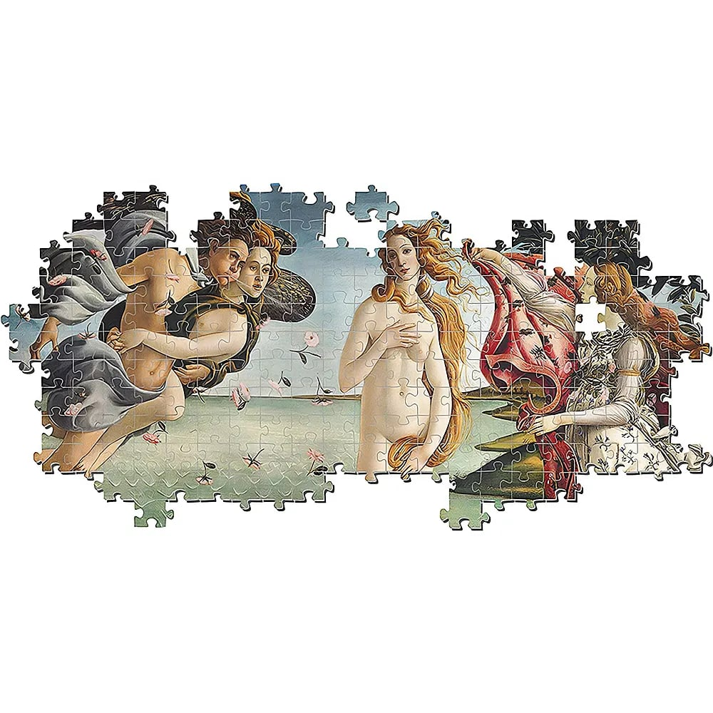Un rompecabezas incompleto de El nacimiento de Venus de Botticelli con figuras clásicas sobre fondo azul.