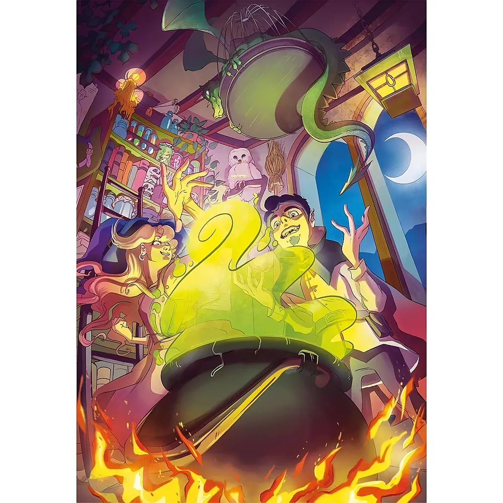 Ein Zauberer und eine Hexe brauen einen leuchtend grünen Trank in einem Kessel, darüber schwebt ein Drache.