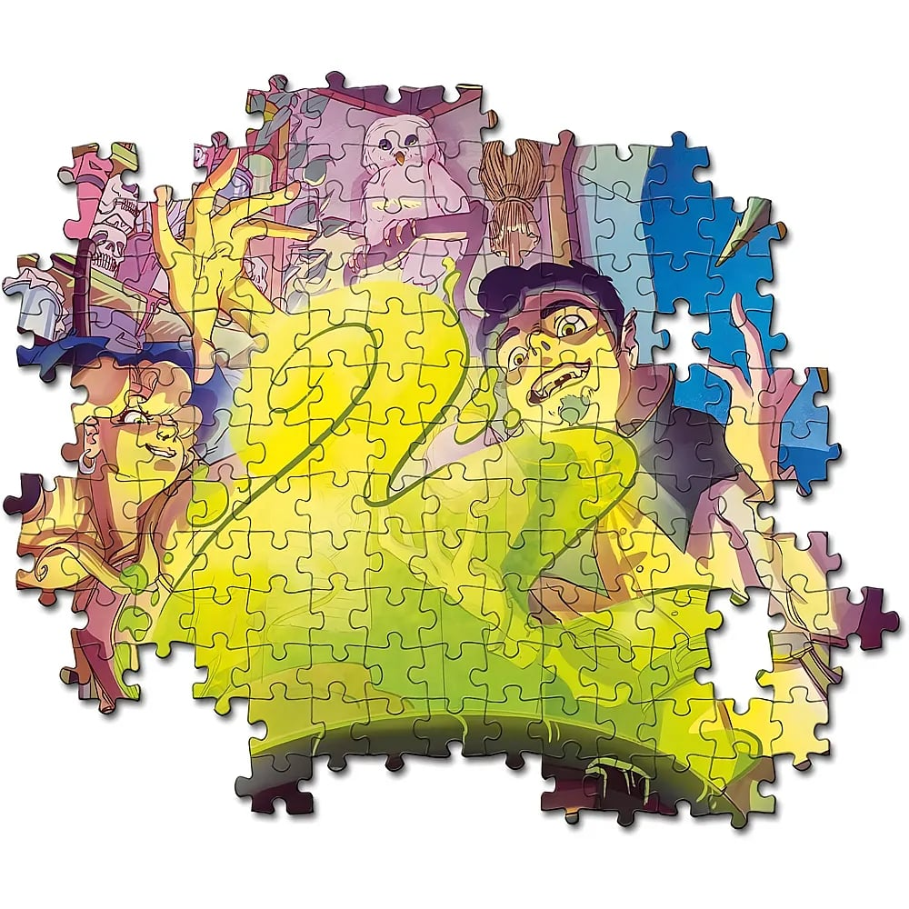 Ein unvollständiges Puzzle zeigt gruselige Figuren, darunter einen Vampir, eine Hexe und eine Eule mit gelbem Rauch.