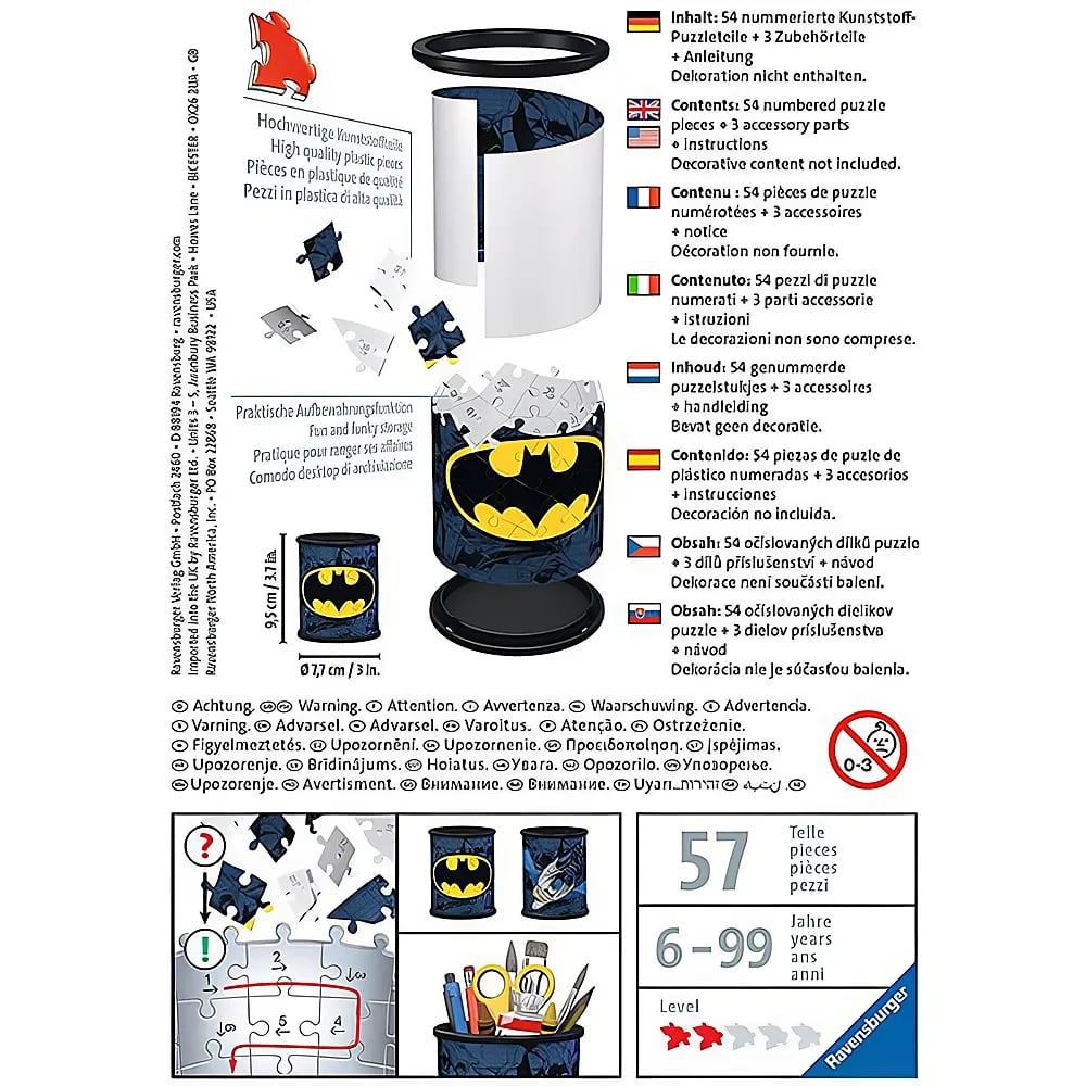Anleitung für ein Batman-3D-Puzzle-Stiftebehältnis mit 54 Teilen.