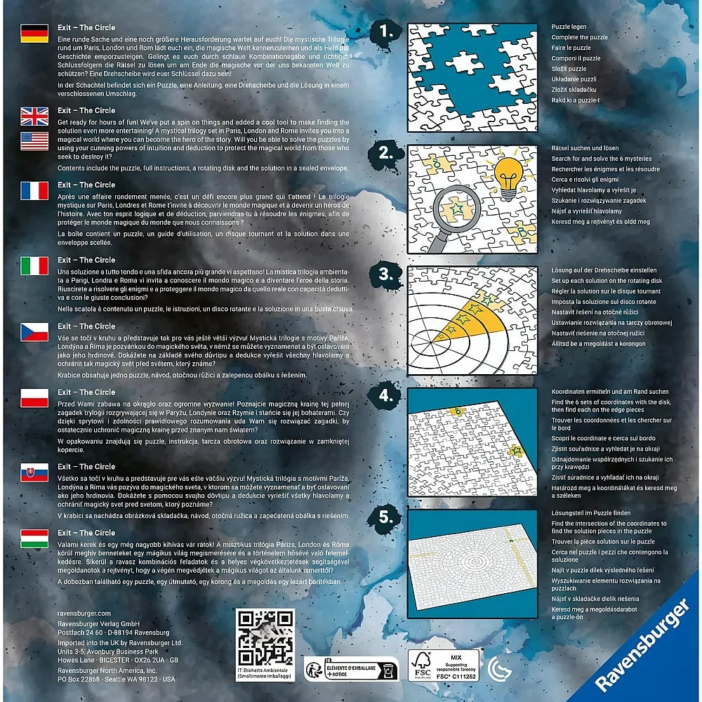 Istruzioni per Exit The Circle in cinque fasi, testo multilingue e logo Ravensburger.