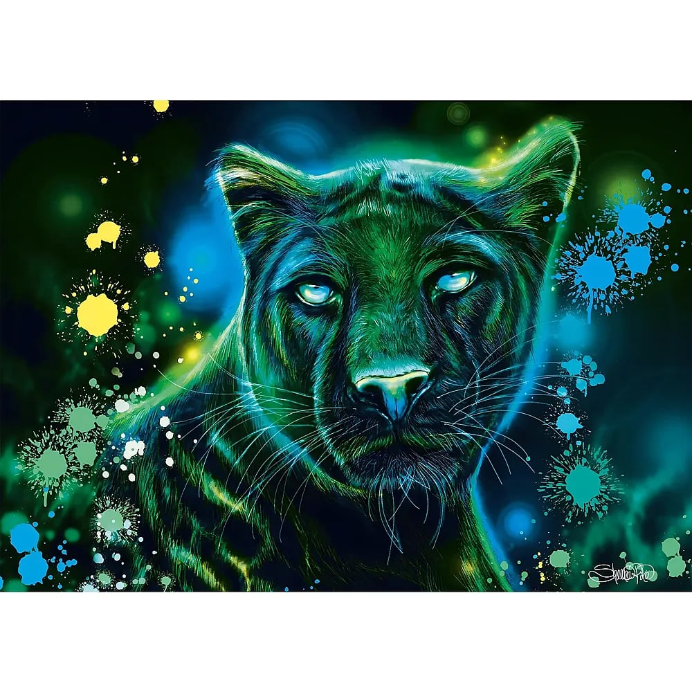 Ein lebendiges Gemälde eines grünen Panthers mit leuchtend blauen Augen, umgeben von bunten Farbspritzern.