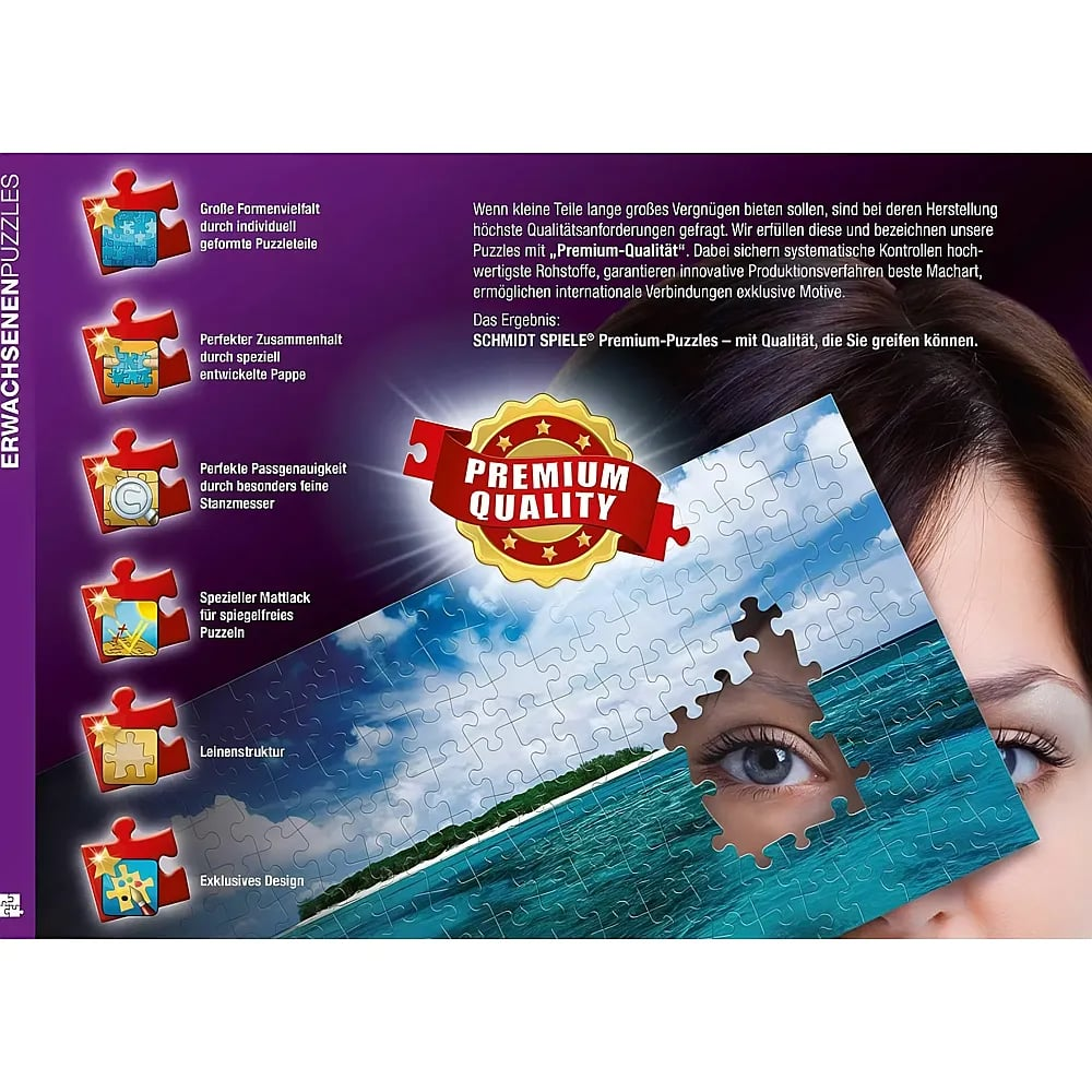 Puzzle-Verpackung mit einer Frau, einem Ozean-Motiv und Qualitätsmerkmalen auf lila Hintergrund.