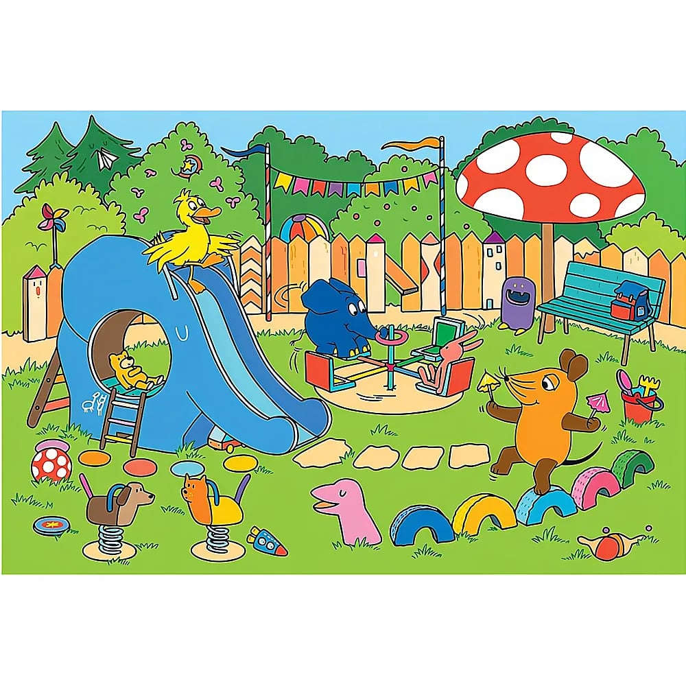 Ein bunter Zeichentrick-Spielplatz mit Tieren auf Rutsche, Karussell und Spielzeug im grünen Park.
