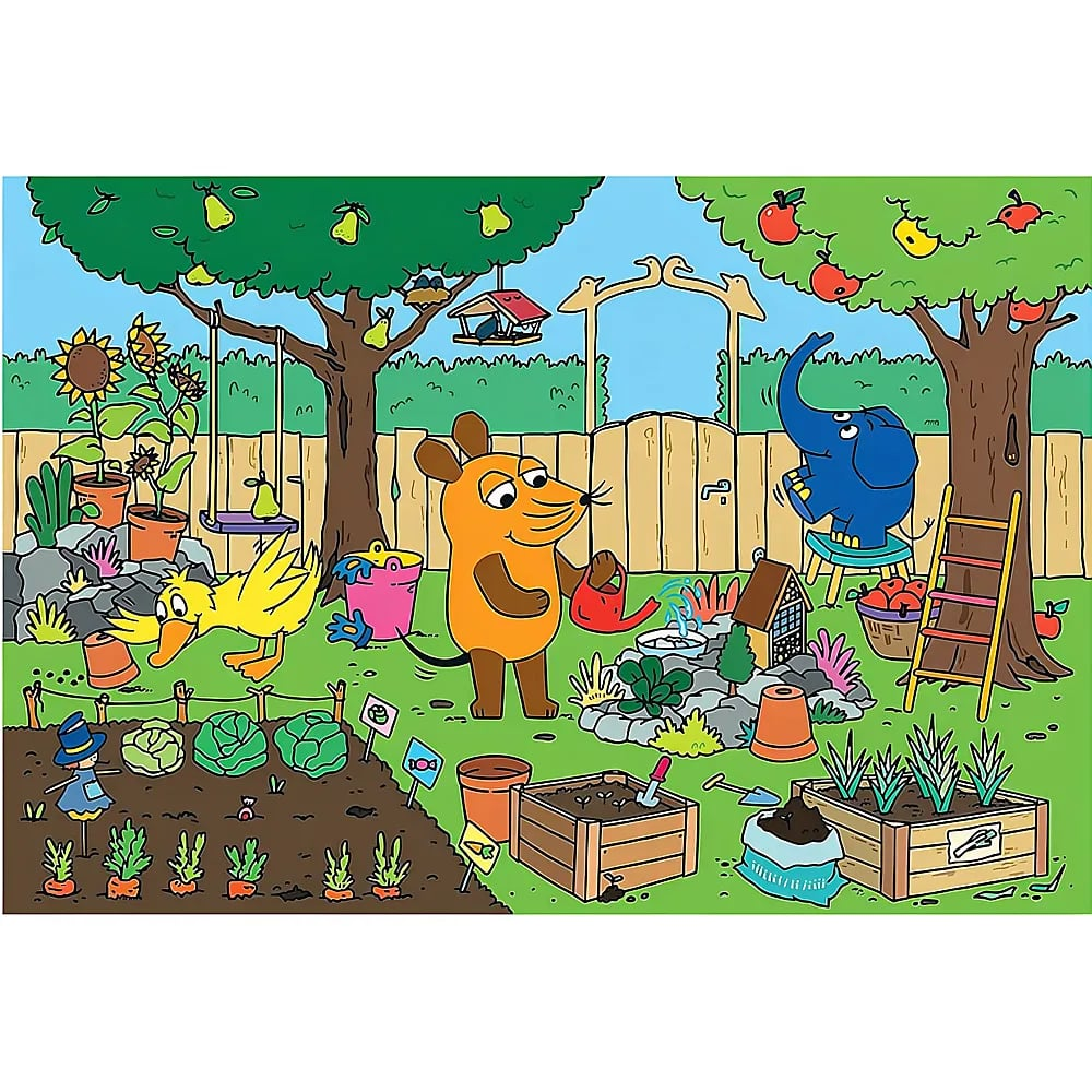 Eine Maus gießt Pflanzen in einem Garten voller Bäume, Blumenbeete, einer Ente und einem blauen Elefanten.