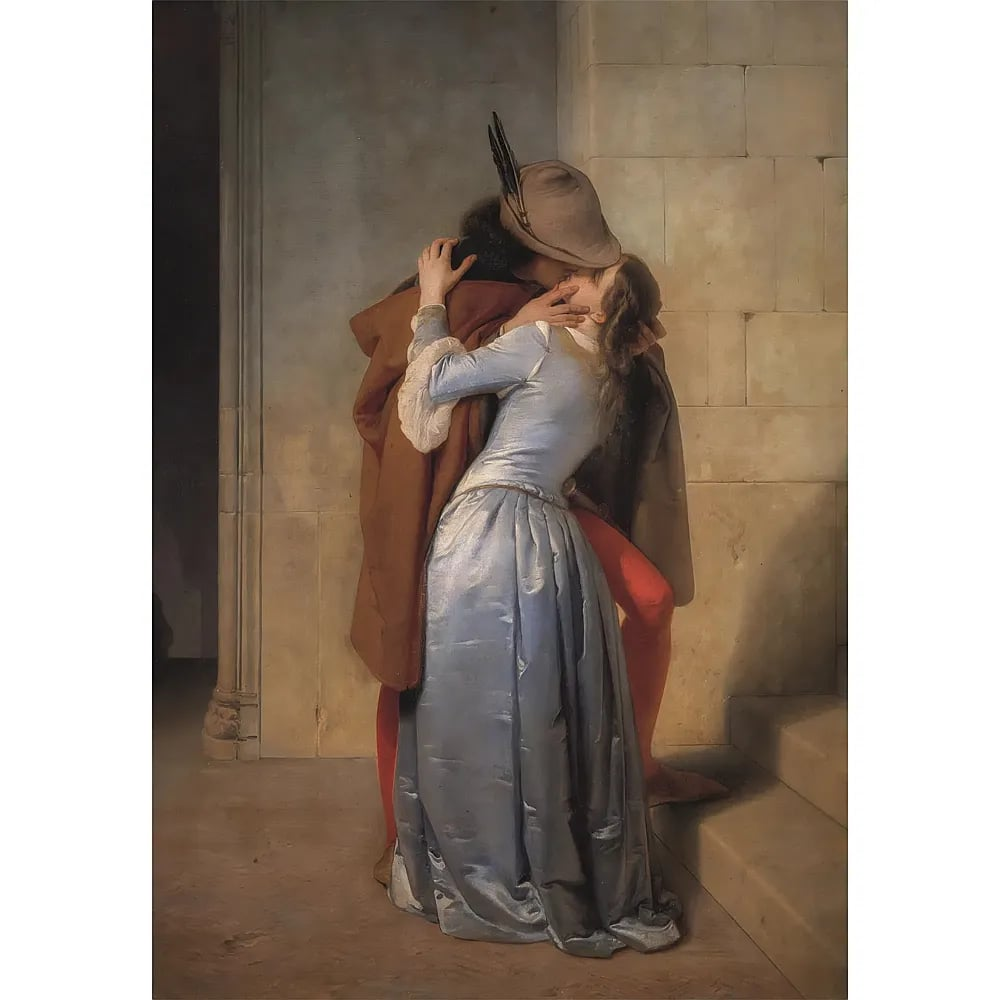 A man in a brown cloak and hat passionately kisses a woman in a long blue dress on a stone staircase.