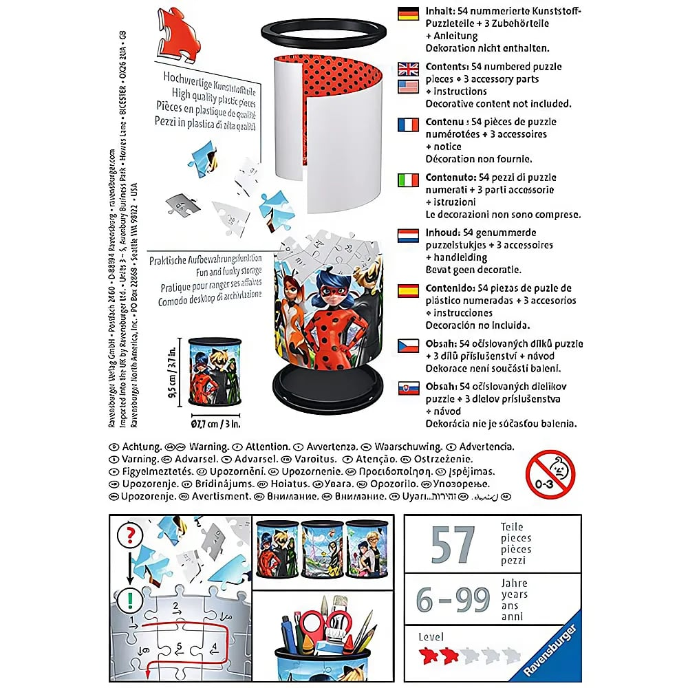 Verpackungsrückseite eines Miraculous Puzzle-Stiftehalters mit 57 Teilen für Kinder von 6 bis 99 Jahren.