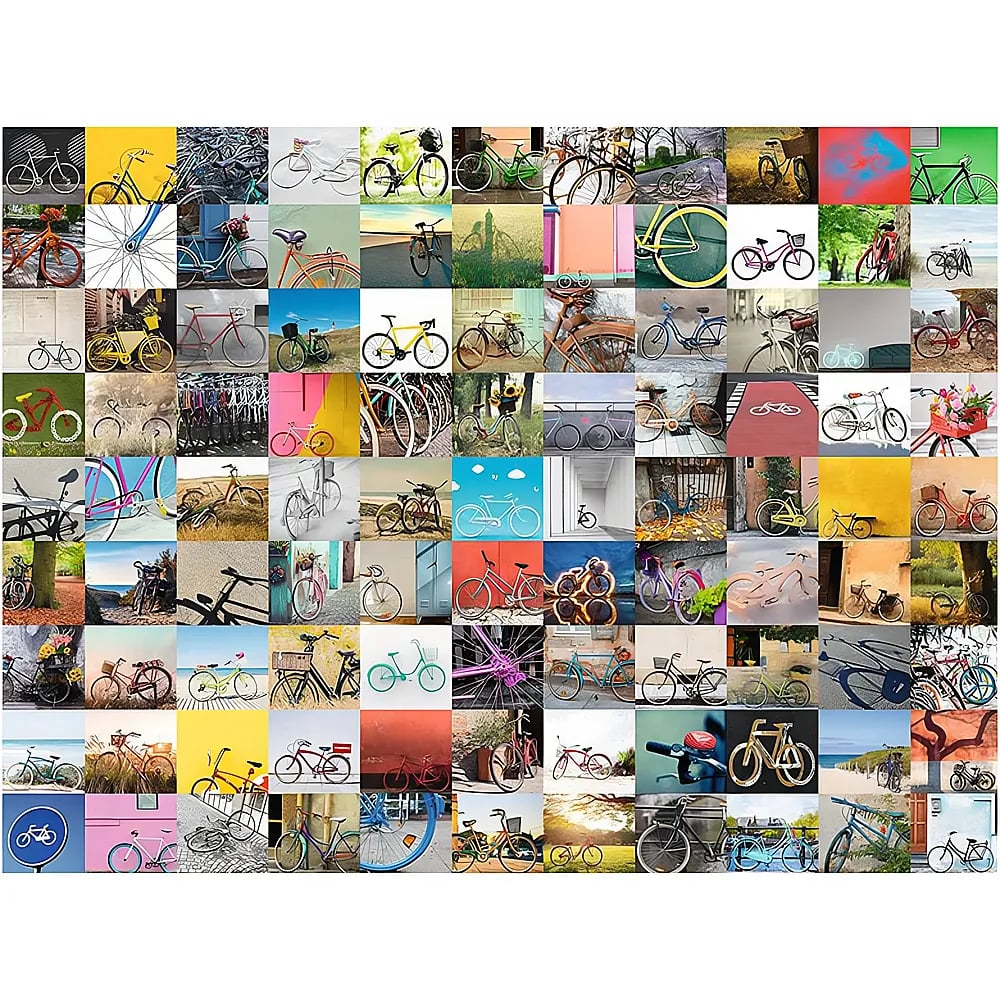 Ein großes Raster-Collage aus vielen bunten Fahrrädern in verschiedenen Umgebungen.