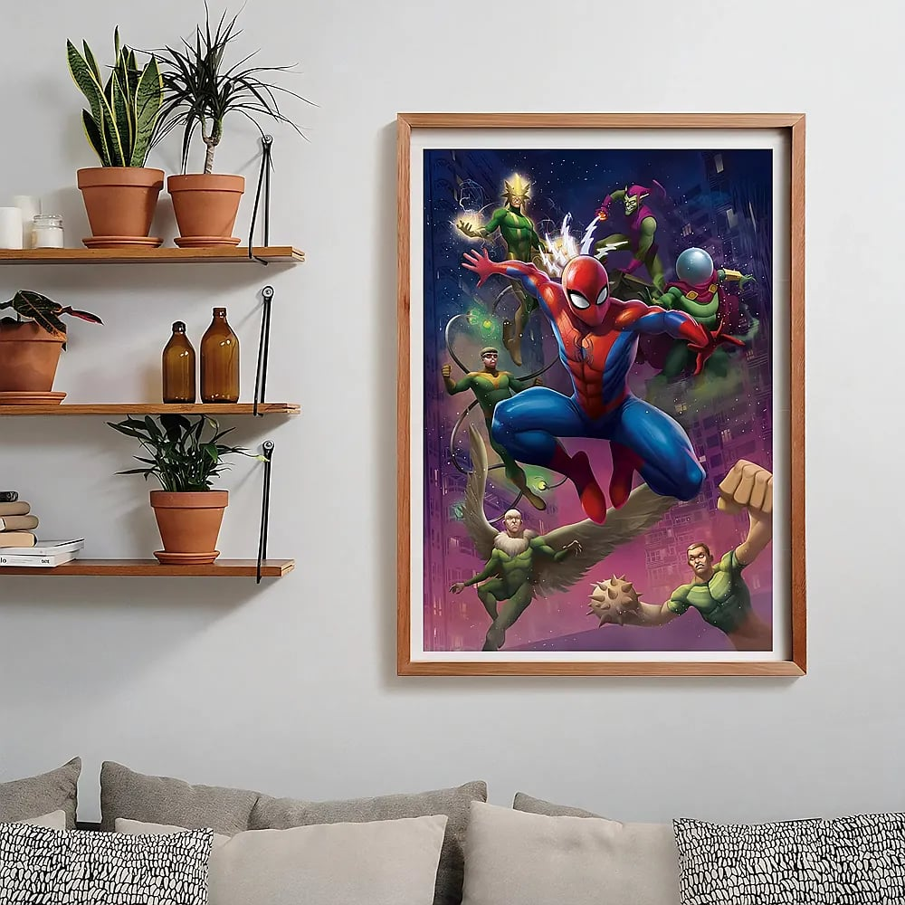 Framed poster of Spider-Man fighting villains, hanging on a wall beside shelves with plants.