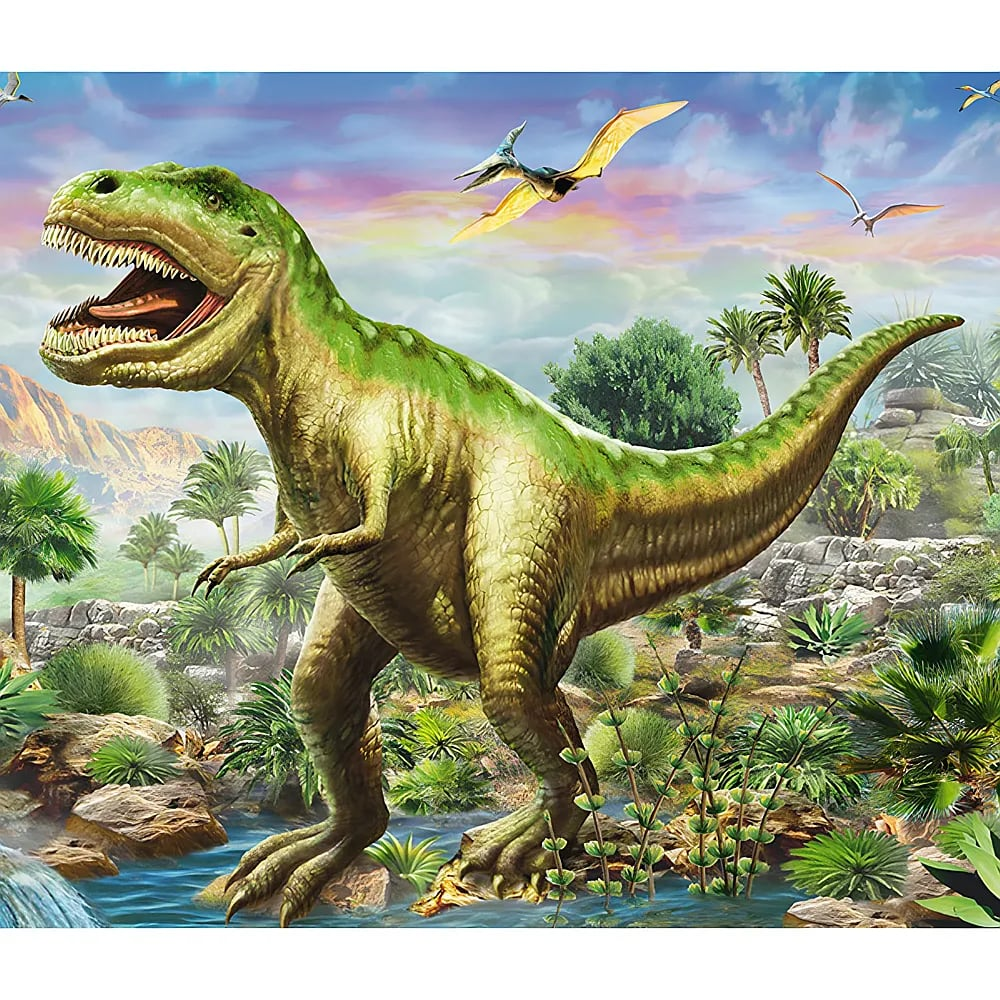 Un Tyrannosaurus Rex verde si trova in un paesaggio preistorico con palme, rocce e pterosauri volanti.