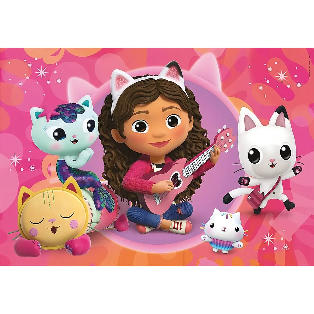 Una niña de dibujos animados con orejas de gato toca un ukelele rosa rodeada de cuatro lindos gatos sobre fondo rosa.