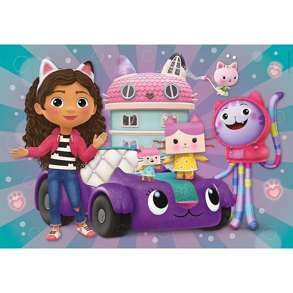 Una niña con orejas de gato está junto a un coche morado con amigos, una casa con forma de gato y criaturas mágicas.