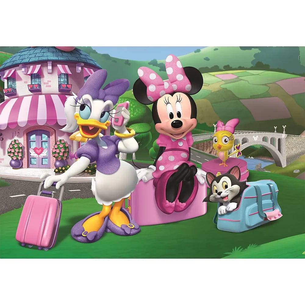 Daisy Duck, Minnie Mouse, and friends outdoors with luggage, near a pink building and bridge.