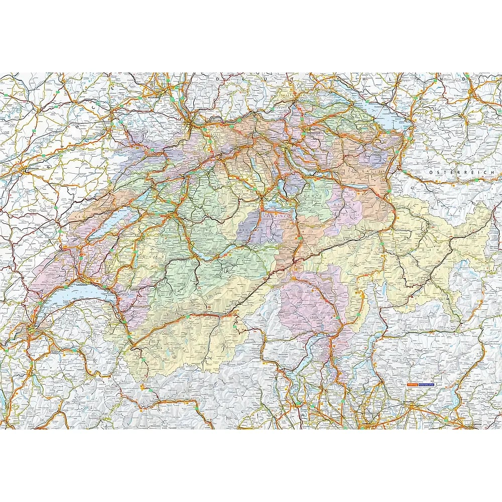 Une carte routière détaillée de la Suisse montrant les frontières cantonales et un réseau de routes.