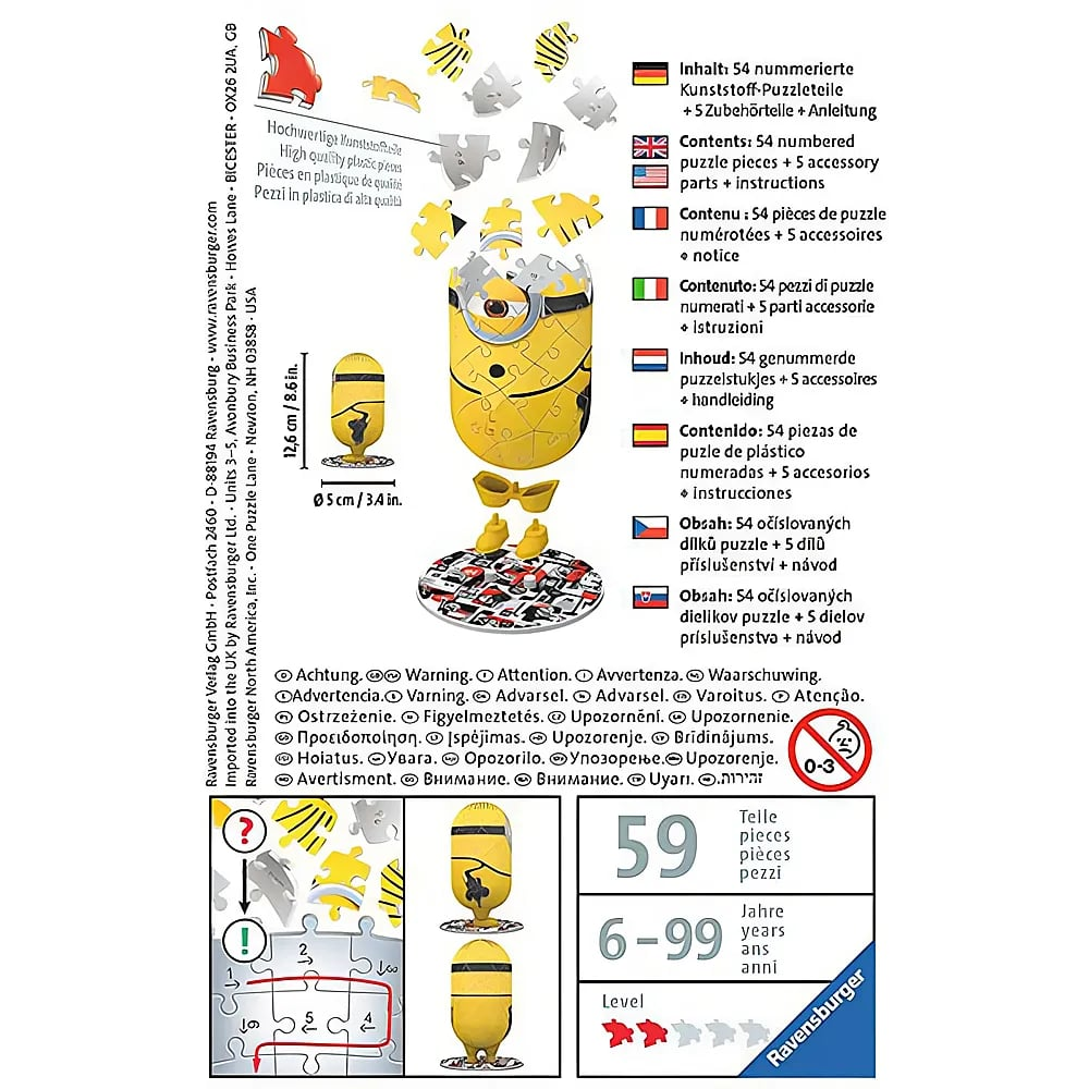 Verpackungsdetails eines 54-teiligen Minion-Puzzles mit Inhalt, Maßen und Anleitung.