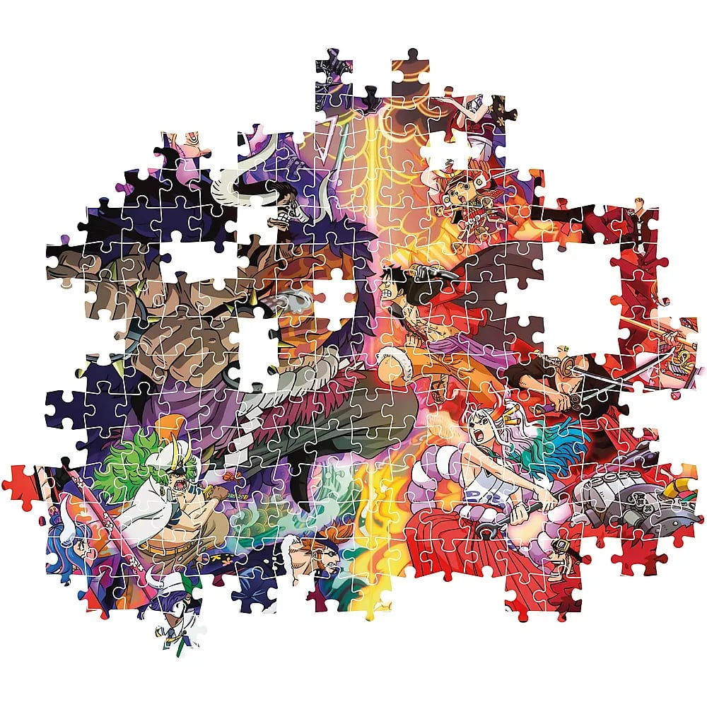 Un puzzle anime incompleto che mostra colorati personaggi dei cartoni animati che combattono.