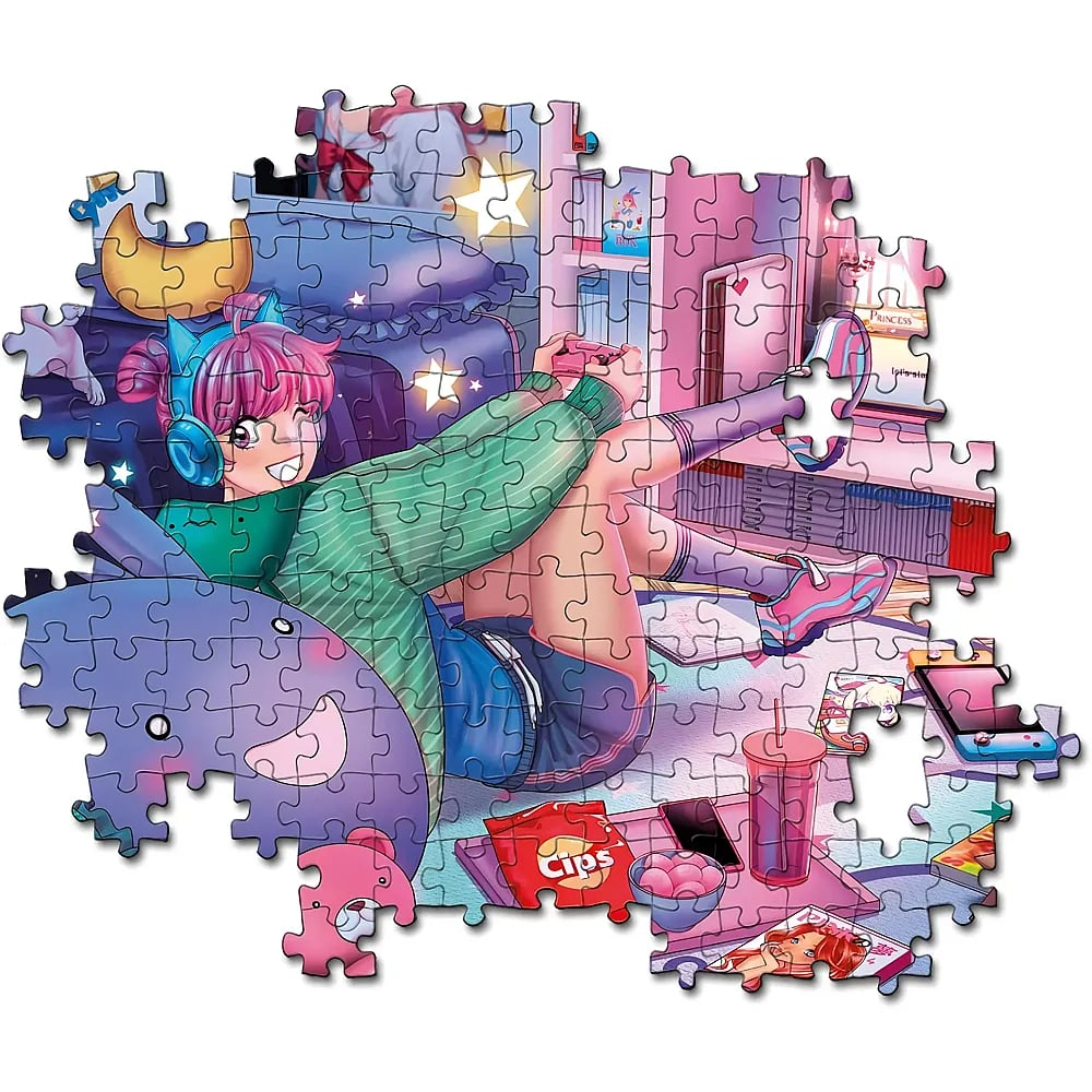 Ein Anime-Mädchen mit pinken Haaren spielt Videospiele in einem bunten Zimmer.